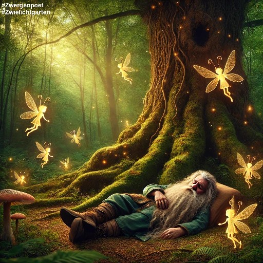 Ein weißhaariger Zwerg liegt am hellen Tag schlafend unter einem alten Baum. Kleine Feen fliegen um ihn herum.